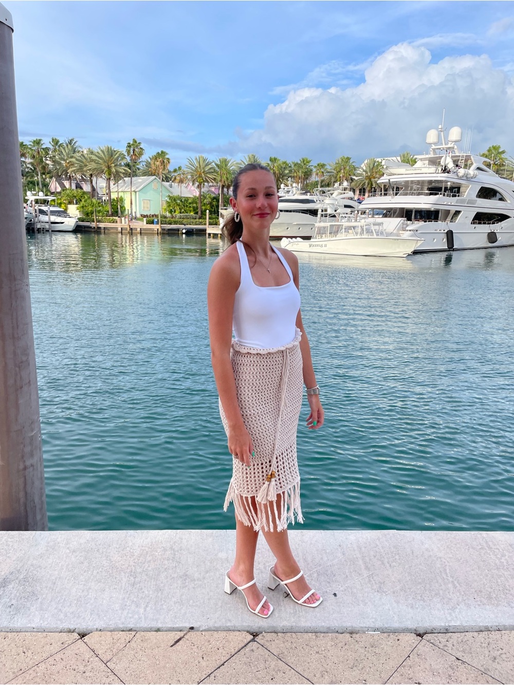 Women's Crochet Fringe Knit Skirt in Beige